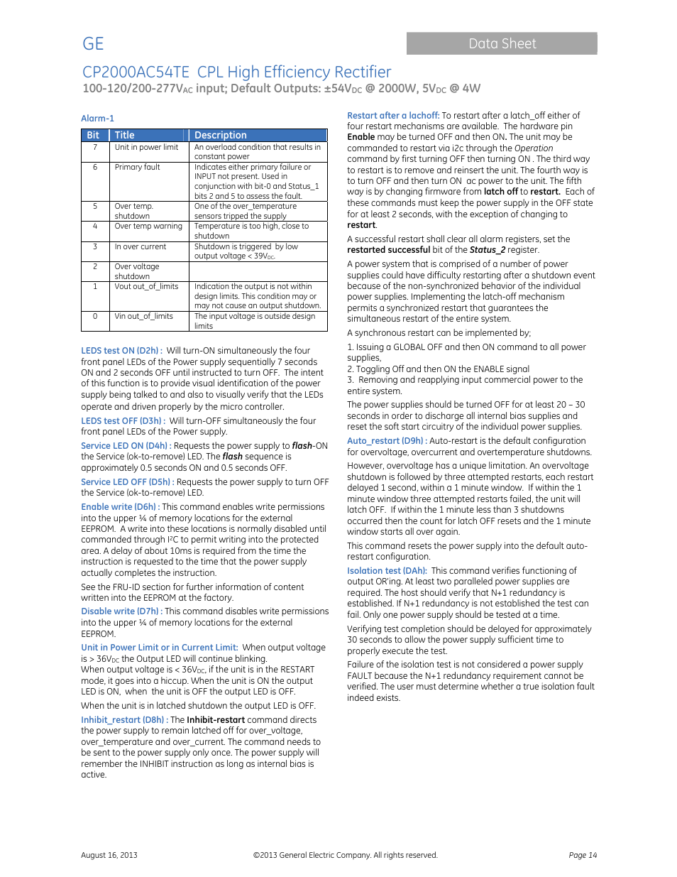 Data sheet, Input; default outputs: ±54v | GE Industrial Solutions CP2000AC54TE User Manual | Page 14 / 20