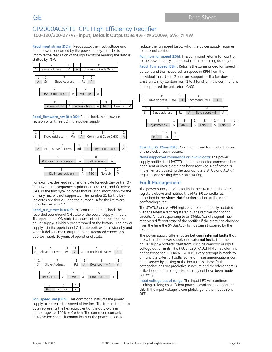 Data sheet, Input; default outputs: ±54v, Fault management | GE Industrial Solutions CP2000AC54TE User Manual | Page 15 / 20