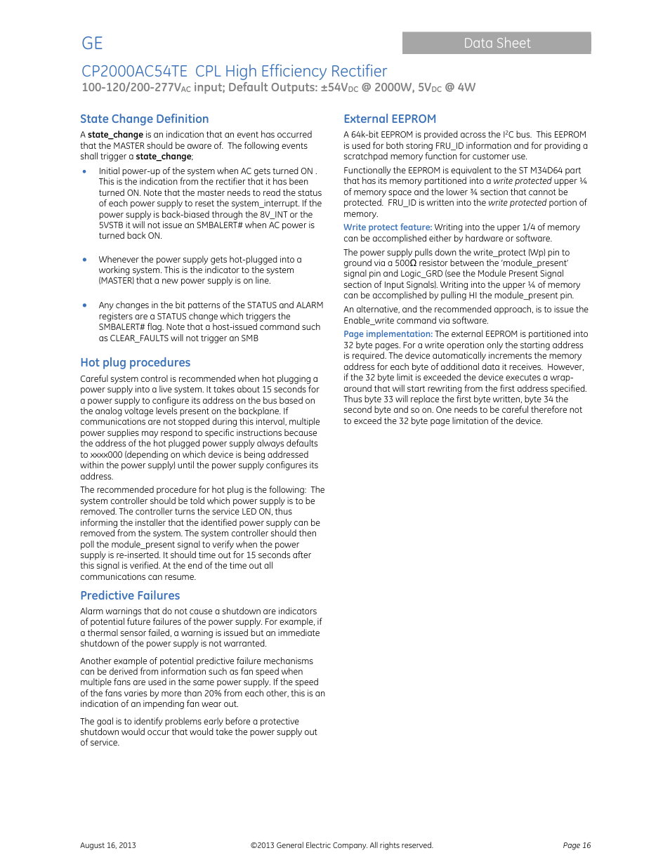 Data sheet | GE Industrial Solutions CP2000AC54TE User Manual | Page 16 / 20