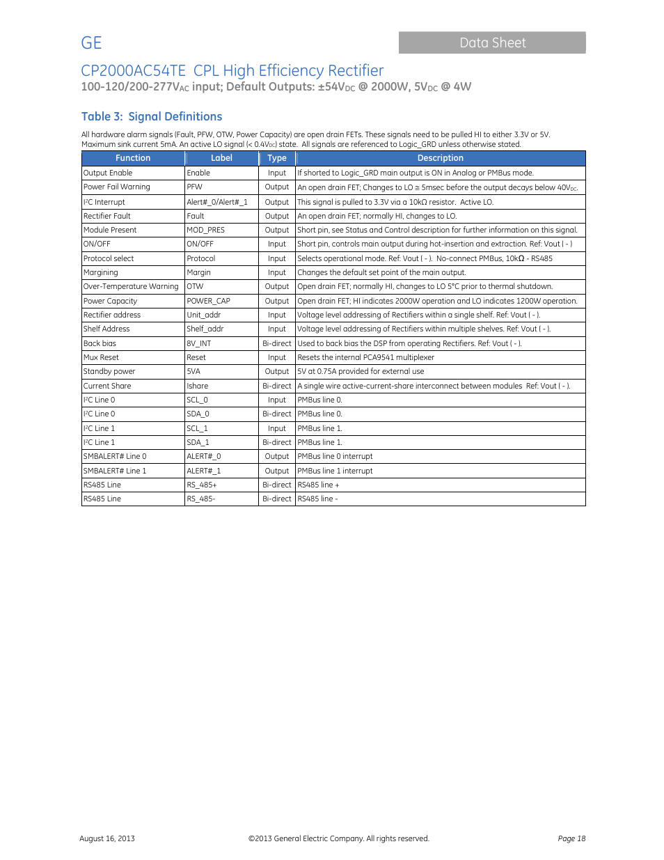 Data sheet, Input; default outputs: ±54v, Table 3: signal definitions | GE Industrial Solutions CP2000AC54TE User Manual | Page 18 / 20