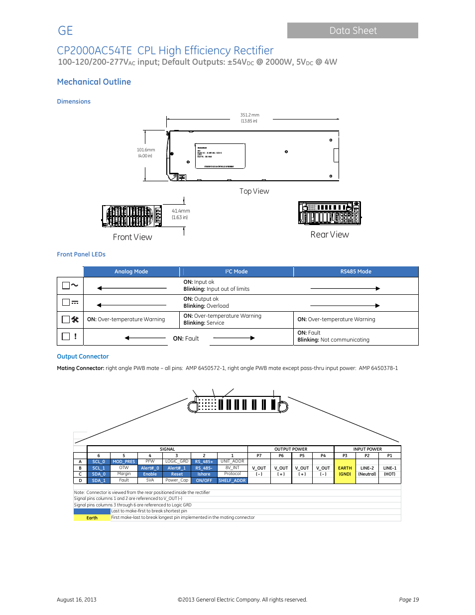 Data sheet, Front view rear view, Input; default outputs: ±54v | Mechanical outline, Top view | GE Industrial Solutions CP2000AC54TE User Manual | Page 19 / 20