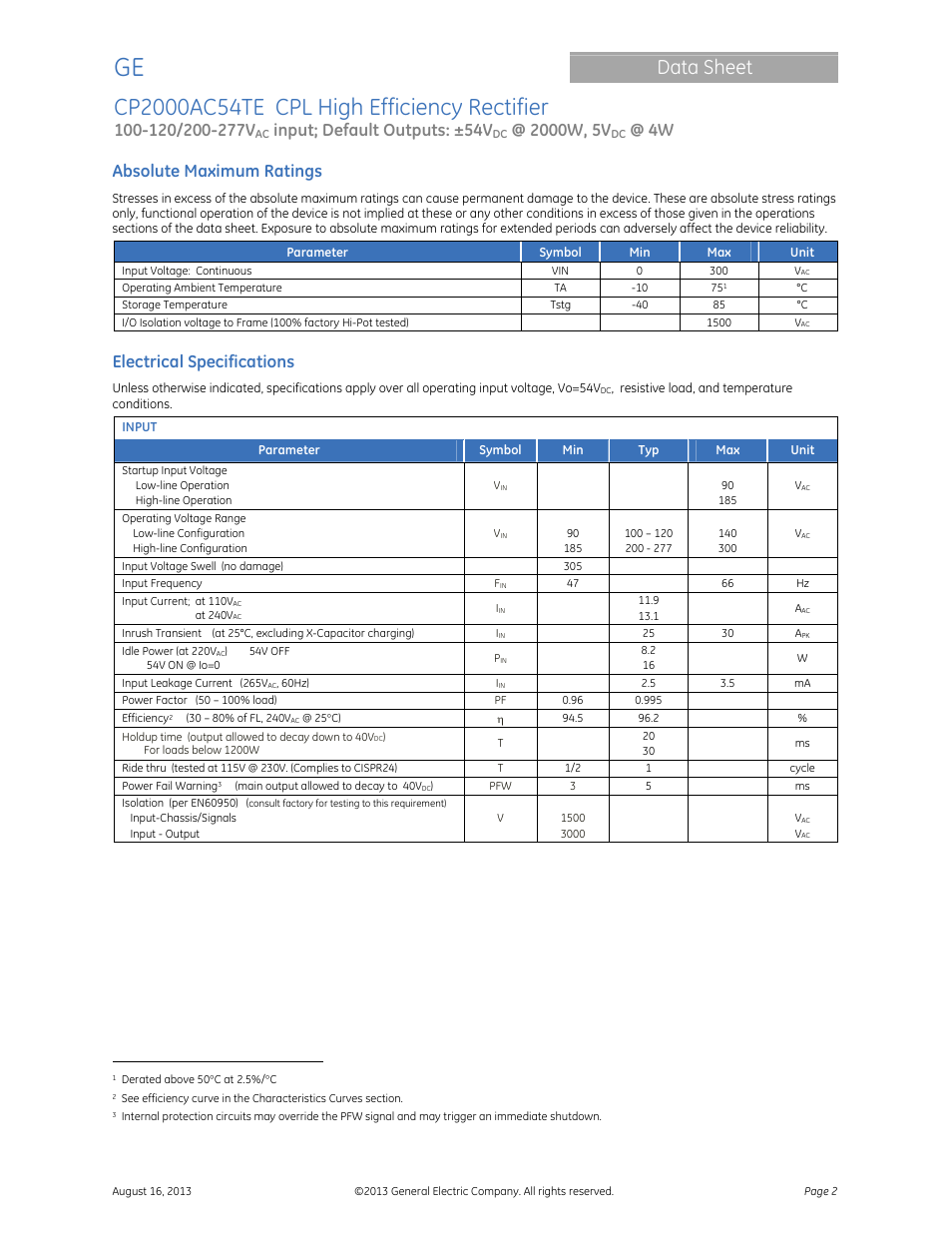Data sheet, Input; default outputs: ±54v, Absolute maximum ratings | Electrical specifications | GE Industrial Solutions CP2000AC54TE User Manual | Page 2 / 20