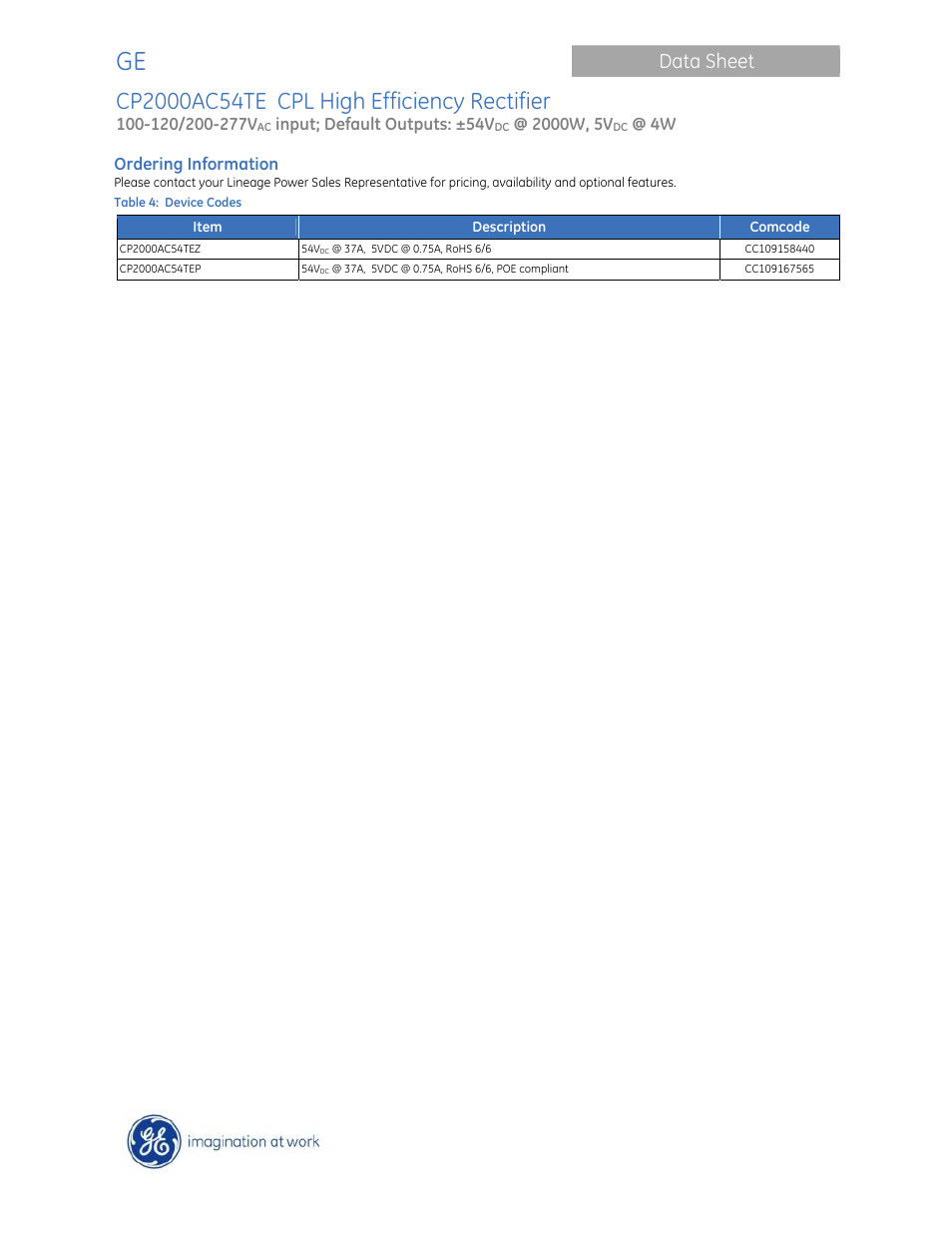 Contact us, Data sheet | GE Industrial Solutions CP2000AC54TE User Manual | Page 20 / 20