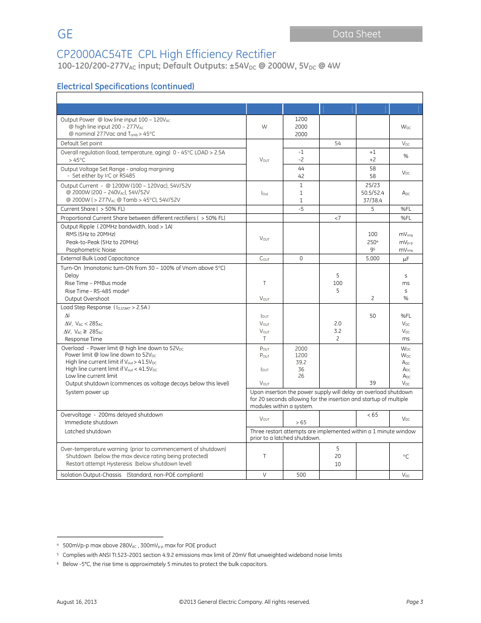 Data sheet, Input; default outputs: ±54v, Electrical specifications (continued) | GE Industrial Solutions CP2000AC54TE User Manual | Page 3 / 20