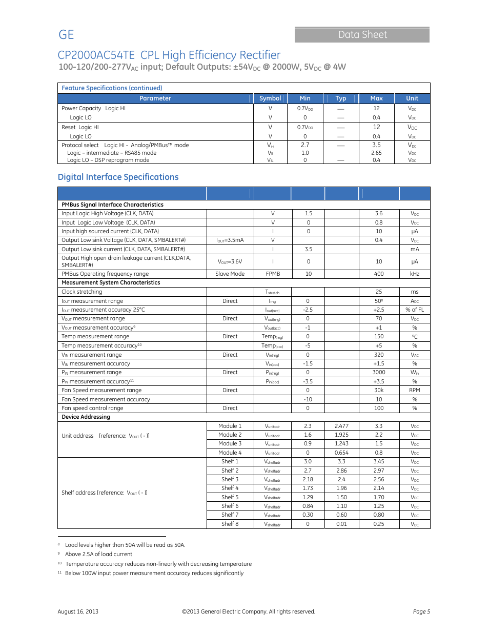 Data sheet, Input; default outputs: ±54v, Digital interface specifications | GE Industrial Solutions CP2000AC54TE User Manual | Page 5 / 20