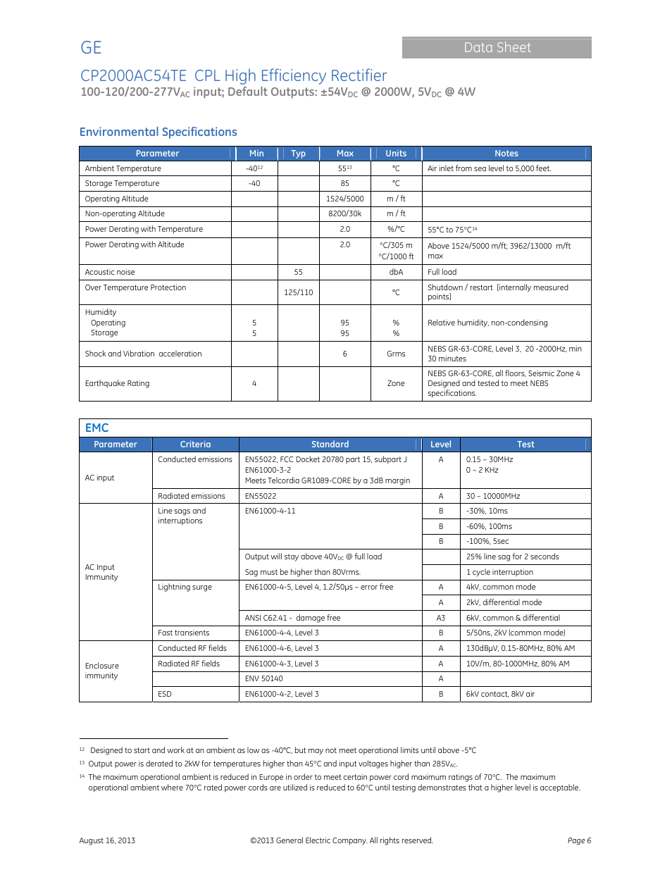 Data sheet, Input; default outputs: ±54v, Environmental specifications | GE Industrial Solutions CP2000AC54TE User Manual | Page 6 / 20