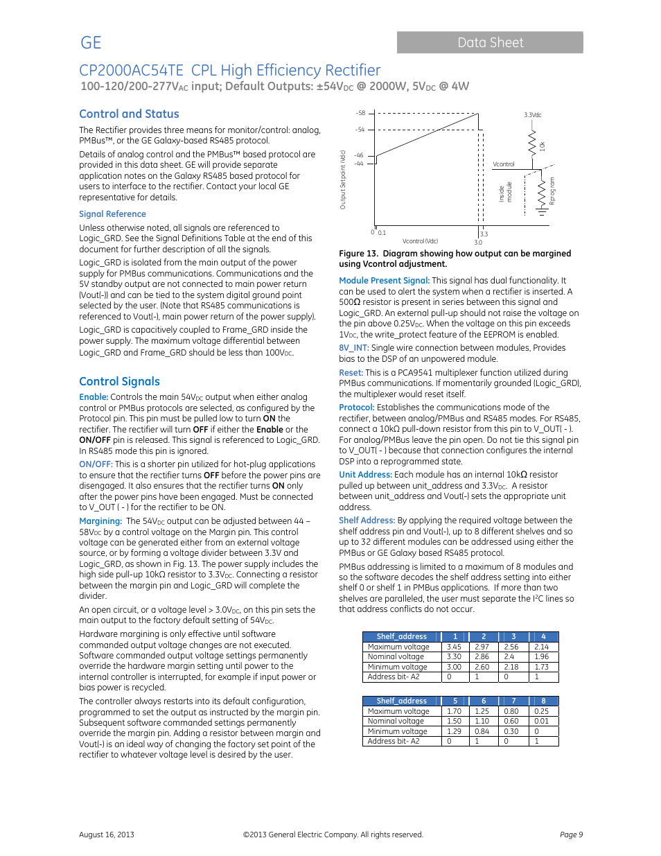 Data sheet, Input; default outputs: ±54v, Control and status | Control signals | GE Industrial Solutions CP2000AC54TE User Manual | Page 9 / 20