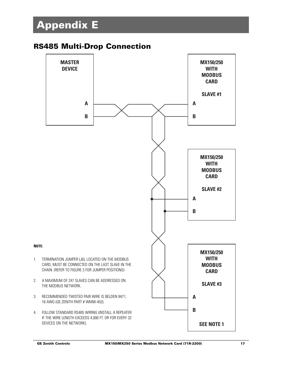 Appendix e, 485 multi-drop connection | GE Industrial Solutions MX150_MX250 Modbus Network Card User Manual | Page 19 / 27