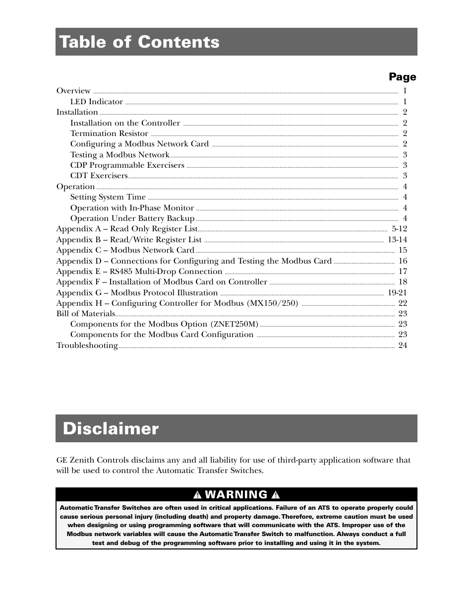 Disclaimer table of contents, Warning, Page | GE Industrial Solutions MX150_MX250 Modbus Network Card User Manual | Page 2 / 27