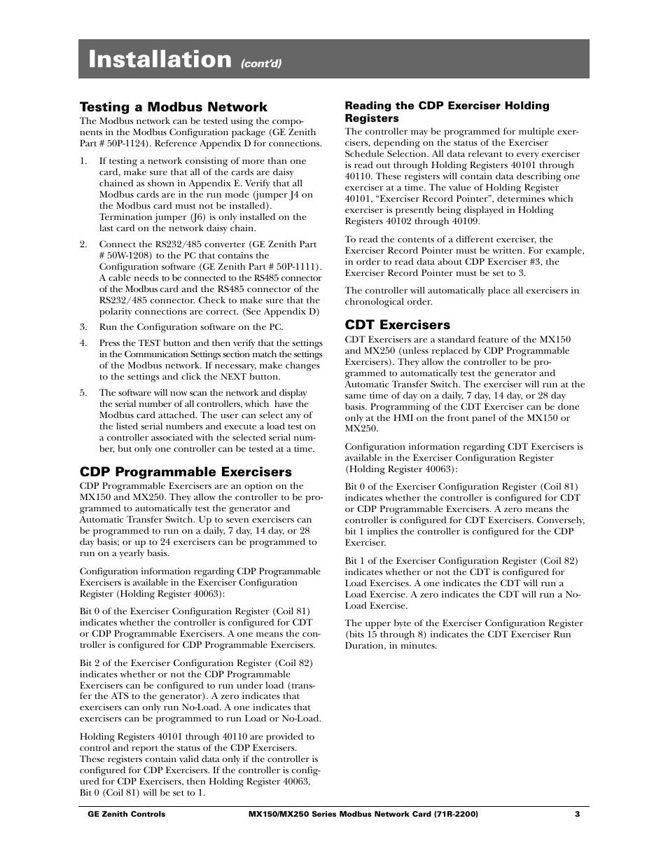 Installation, Testing a modbus network, Cdp programmable exercisers | Cdt exercisers | GE Industrial Solutions MX150_MX250 Modbus Network Card User Manual | Page 5 / 27