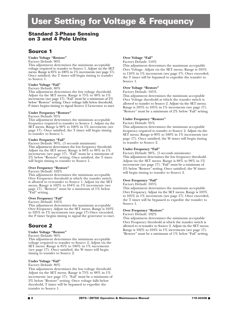 User setting for voltage & frequency, Source 2 | GE Industrial Solutions ZBTSD Series User Manual | Page 10 / 36