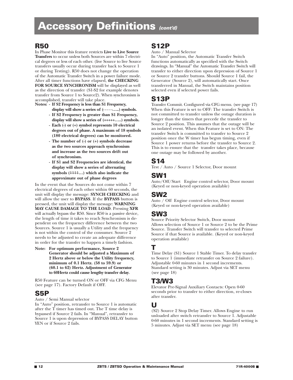 Accessory definitions, S12p, S13p | T3/w3 | GE Industrial Solutions ZBTSD Series User Manual | Page 14 / 36