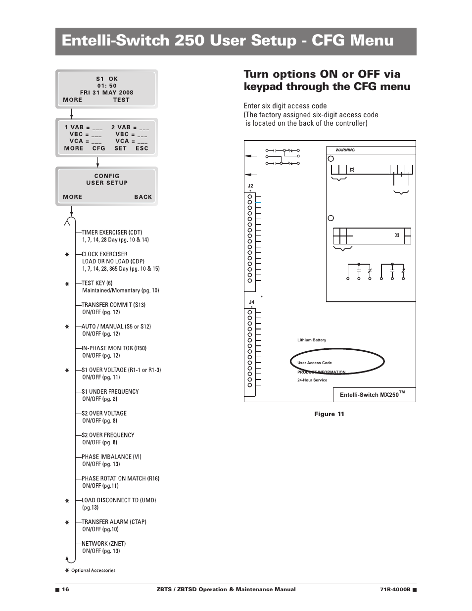 Entelli-switch 250 user setup - cfg menu, Figure 11, Entelli-switch mx250 | Zbts / zbtsd operation & maintenance manual | GE Industrial Solutions ZBTSD Series User Manual | Page 18 / 36