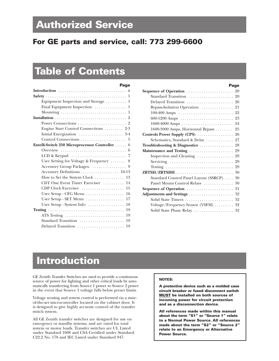 Table of contents authorized service, Introduction | GE Industrial Solutions ZBTSD Series User Manual | Page 2 / 36