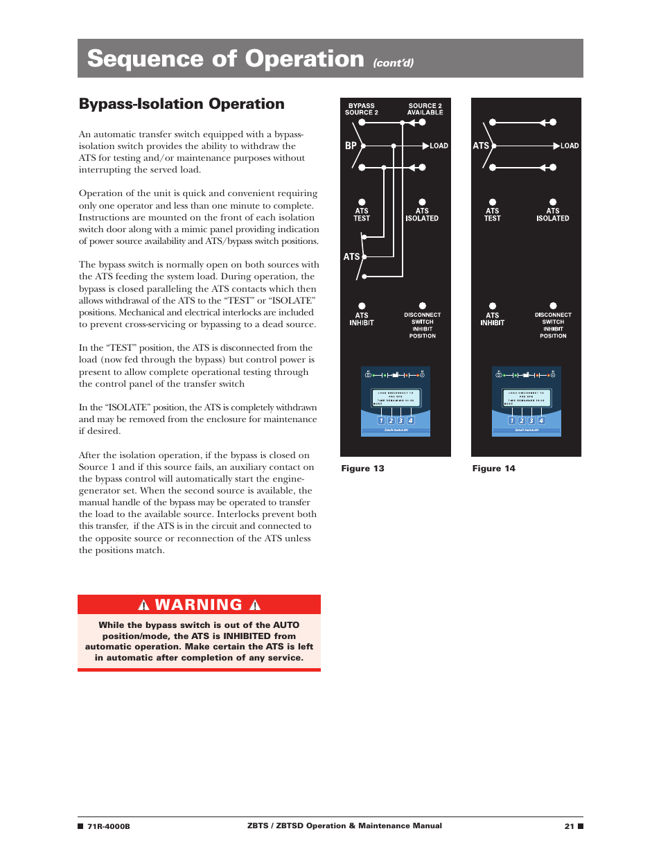 Sequence of operation, Bypass-isolation operation, Warning | Cont’d) | GE Industrial Solutions ZBTSD Series User Manual | Page 23 / 36