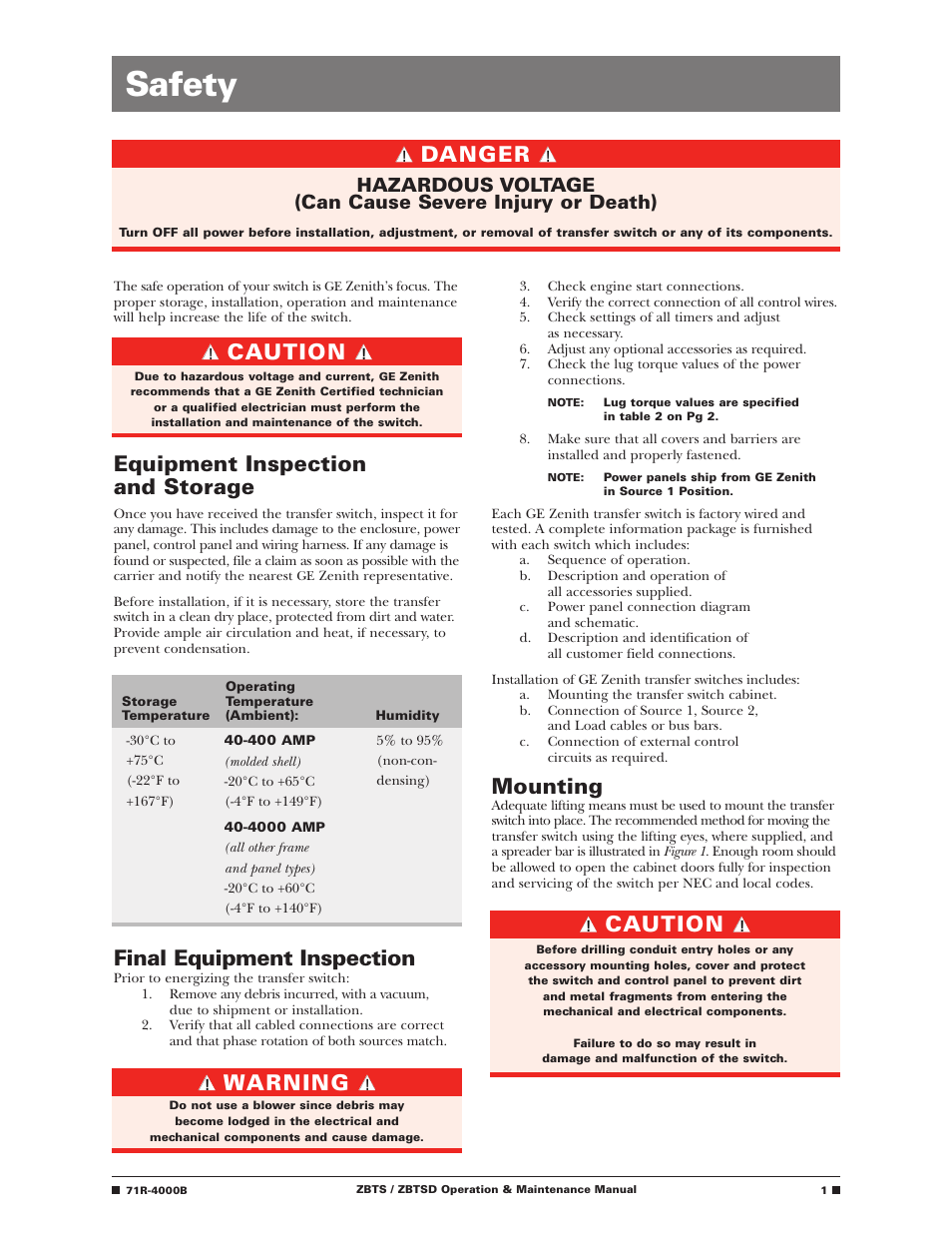 Safety, Mounting, Equipment inspection and storage | Final equipment inspection, Danger caution warning caution | GE Industrial Solutions ZBTSD Series User Manual | Page 3 / 36