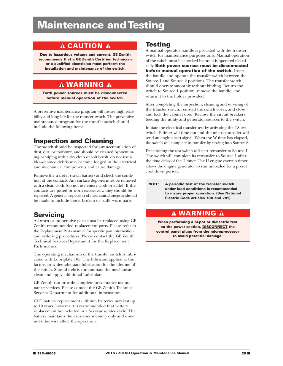 Maintenance and testing, Inspection and cleaning, Servicing | Testing, Caution, Warning | GE Industrial Solutions ZBTSD Series User Manual | Page 31 / 36