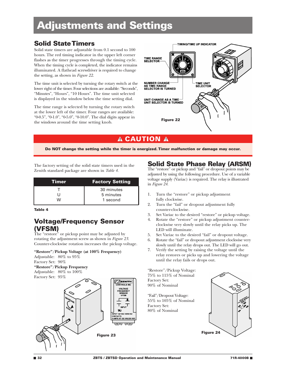 Adjustments and settings, Caution, Solid state timers | Voltage/frequency sensor (vfsm), Solid state phase relay, Arsm | GE Industrial Solutions ZBTSD Series User Manual | Page 34 / 36