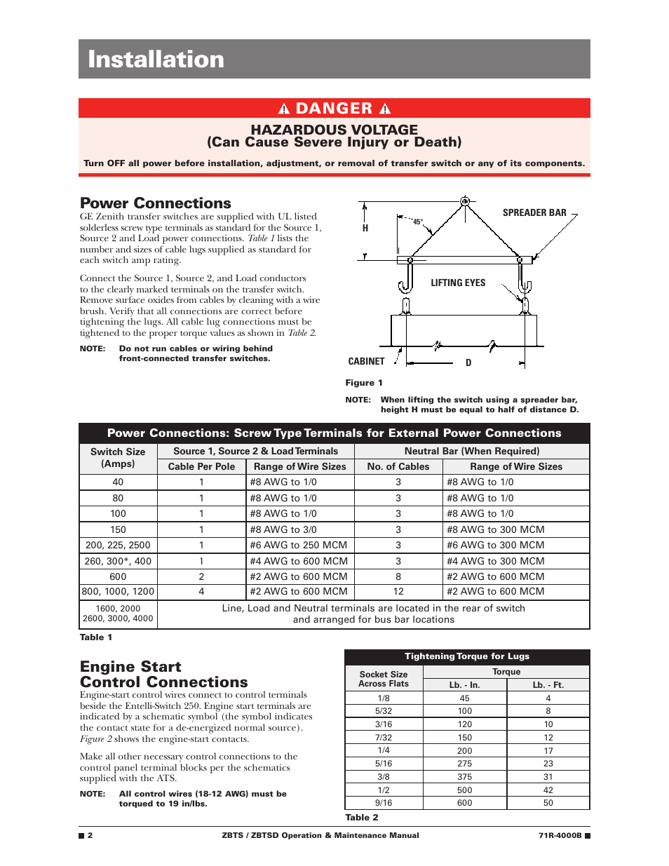 Installation, Power connections, Engine start control connections | Danger | GE Industrial Solutions ZBTSD Series User Manual | Page 4 / 36