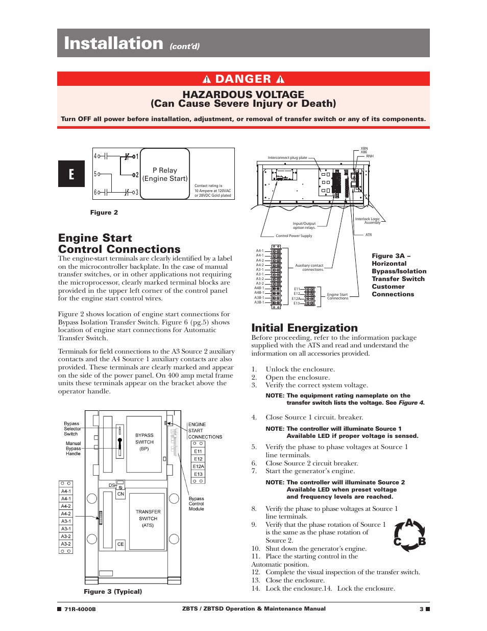 Installation, Engine start control connections, Initial energization | Danger | GE Industrial Solutions ZBTSD Series User Manual | Page 5 / 36