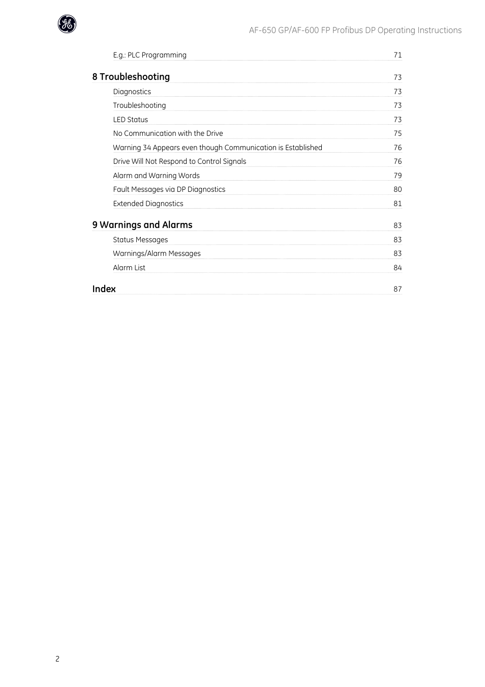 8 troubleshooting, 9 warnings and alarms, Index | GE Industrial Solutions AF-600 FP Profibus DP User Manual | Page 3 / 91