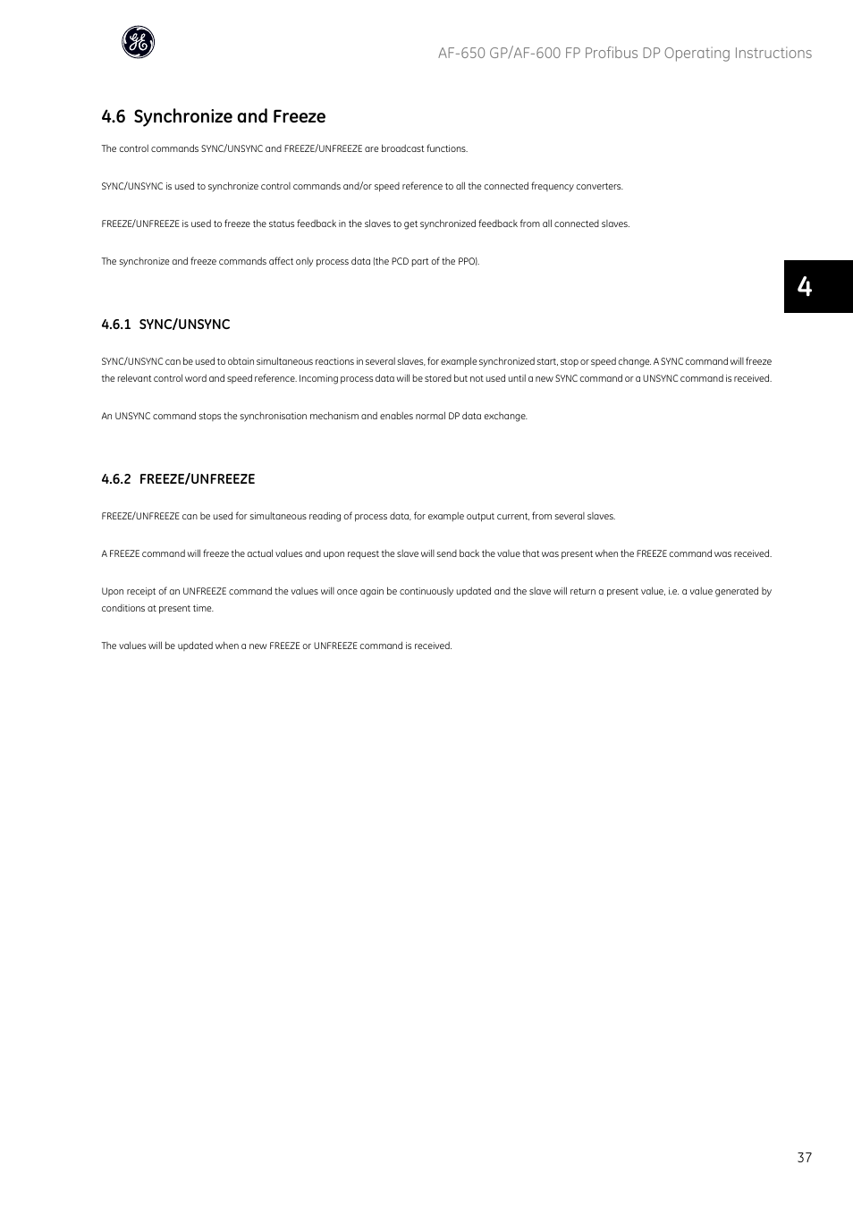 6 synchronize and freeze | GE Industrial Solutions AF-600 FP Profibus DP User Manual | Page 38 / 91