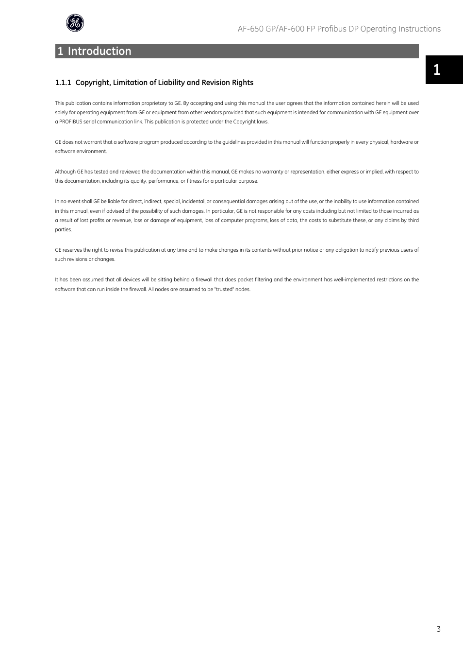 1 introduction | GE Industrial Solutions AF-600 FP Profibus DP User Manual | Page 4 / 91