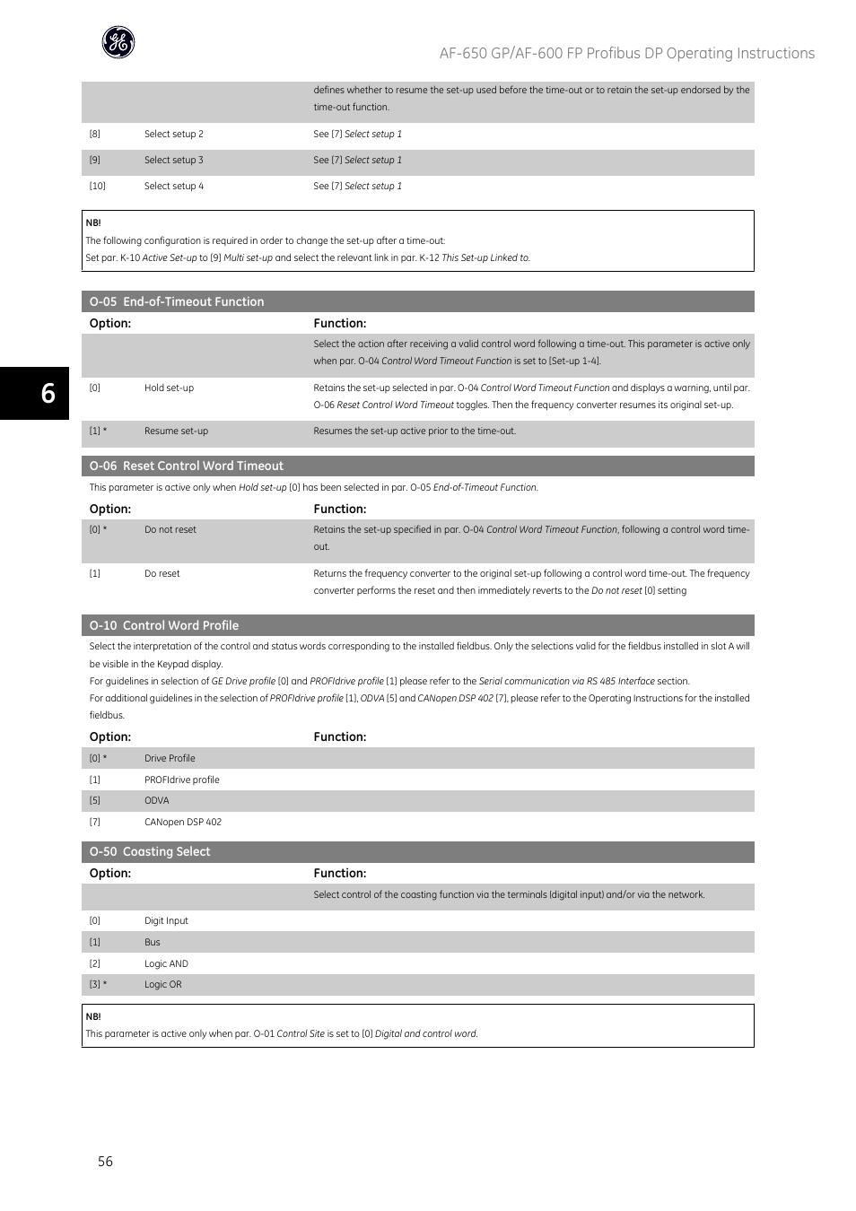 Par. o-10 control word profile, In par. o-50 coasting select, Par. o-05 end-of-timeout function | GE Industrial Solutions AF-600 FP Profibus DP User Manual | Page 57 / 91