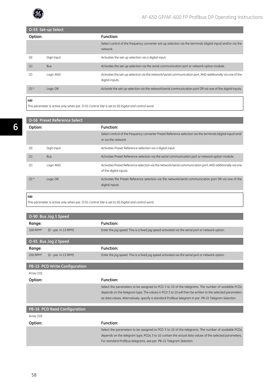 Par. pb-15 pcd write configuration, Par. pb-16 pcd read configuration [1]), In par. pb-16 pcd read configuration | To par. o-56 preset ref- erence select | GE Industrial Solutions AF-600 FP Profibus DP User Manual | Page 59 / 91