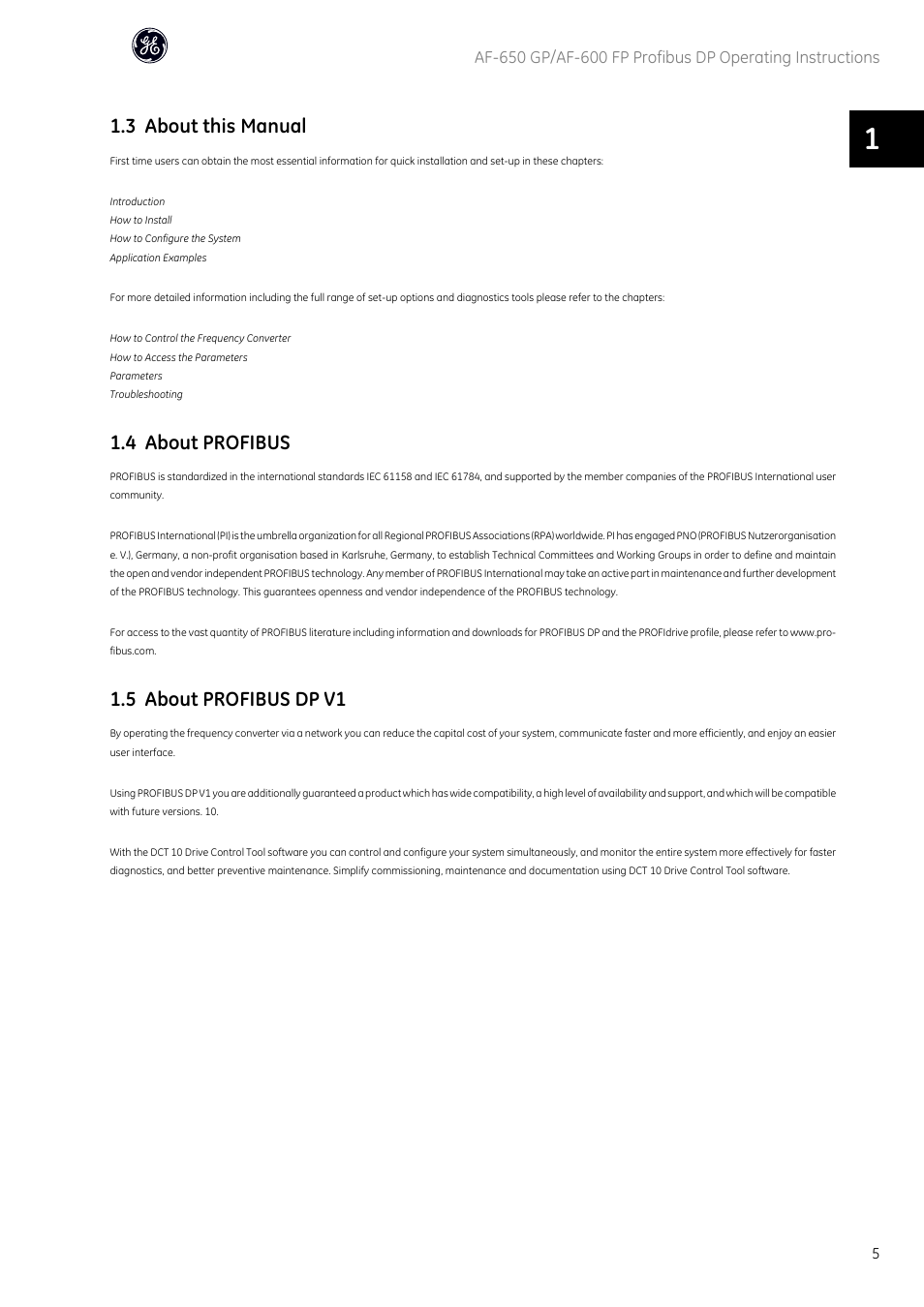 3 about this manual, 4 about profibus, 5 about profibus dp v1 | GE Industrial Solutions AF-600 FP Profibus DP User Manual | Page 6 / 91
