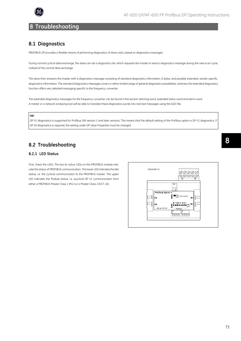 8 troubleshooting, 1 diagnostics, 2 troubleshooting | GE Industrial Solutions AF-600 FP Profibus DP User Manual | Page 74 / 91