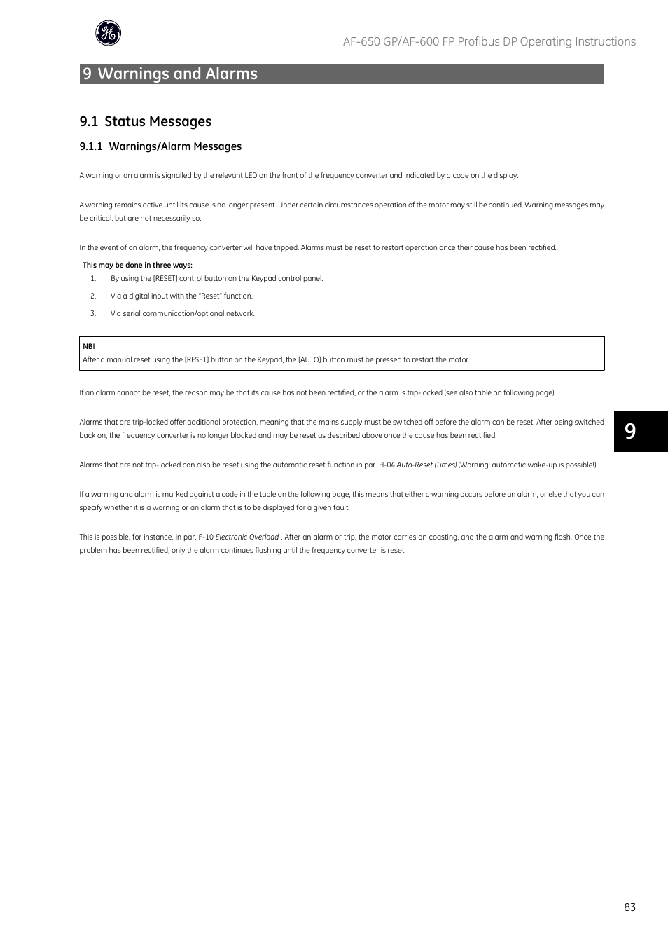 9 warnings and alarms, 1 status messages | GE Industrial Solutions AF-600 FP Profibus DP User Manual | Page 84 / 91