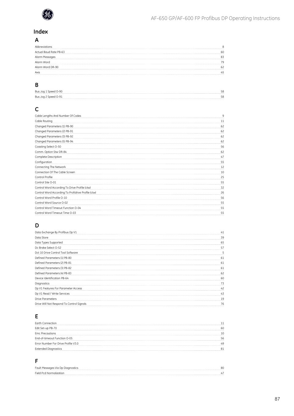 Index a | GE Industrial Solutions AF-600 FP Profibus DP User Manual | Page 88 / 91
