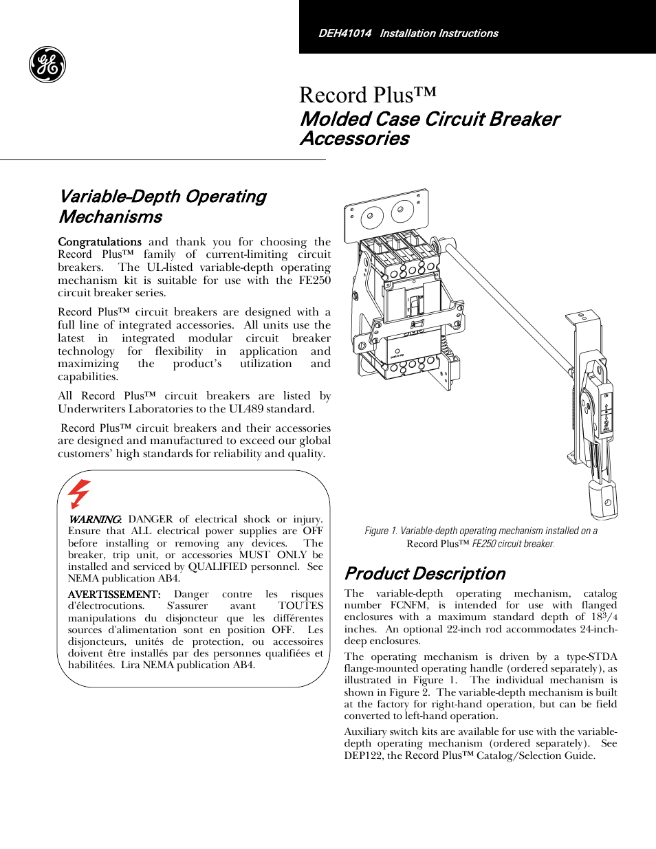 GE Industrial Solutions Record Plus Variable Depth Operating Mechanism: FE250 User Manual | 4 pages