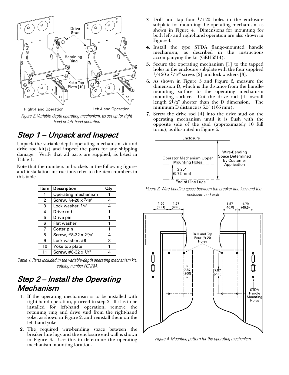 Step 1 – unpack and inspect, Step 2 – install the operating mechanism | GE Industrial Solutions Record Plus Variable Depth Operating Mechanism: FE250 User Manual | Page 2 / 4