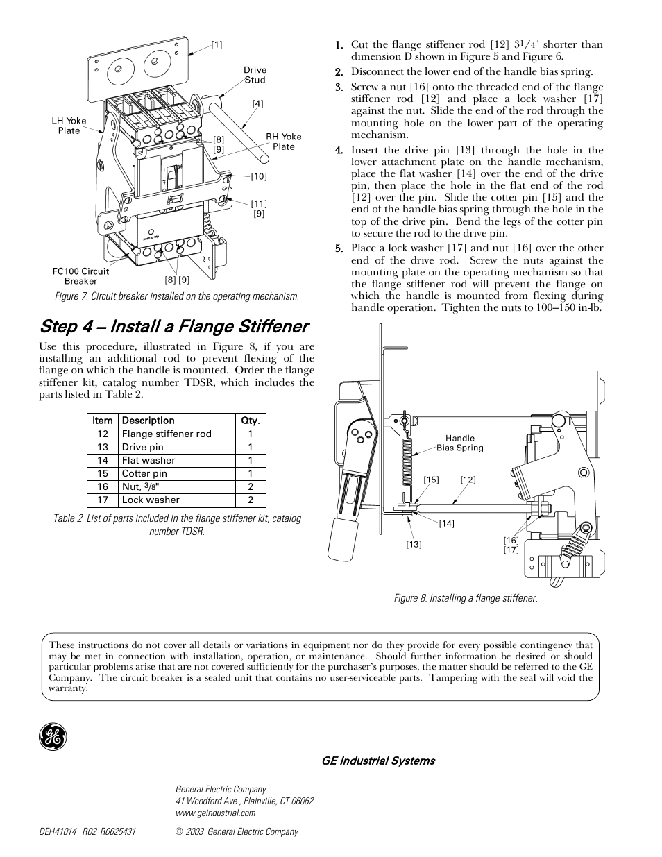 Figure 7, Step 4 – install a flange stiffener | GE Industrial Solutions Record Plus Variable Depth Operating Mechanism: FE250 User Manual | Page 4 / 4