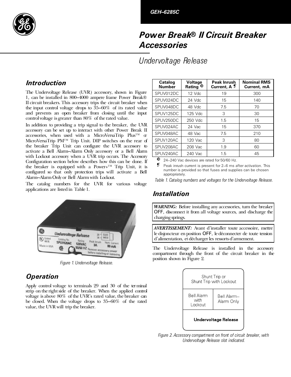 GE Industrial Solutions Power Break II Undervoltage Release User Manual | 4 pages