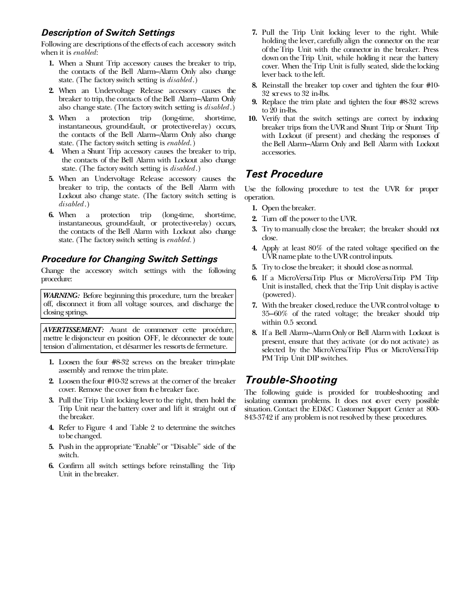 Test procedure, Trouble-shooting | GE Industrial Solutions Power Break II Undervoltage Release User Manual | Page 3 / 4
