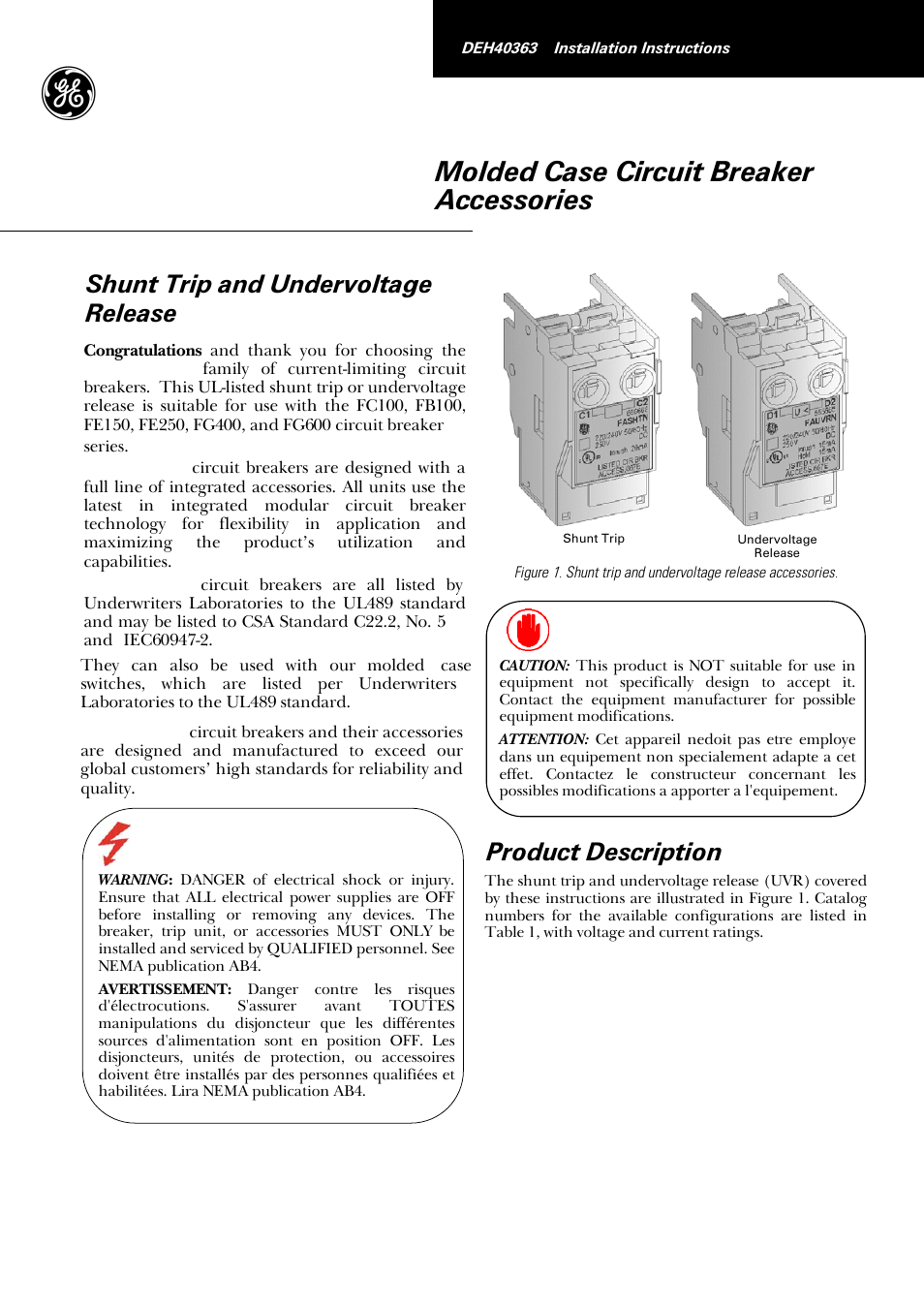 GE Industrial Solutions Record Plus Shunt Trip and Undervoltage Release User Manual | 4 pages