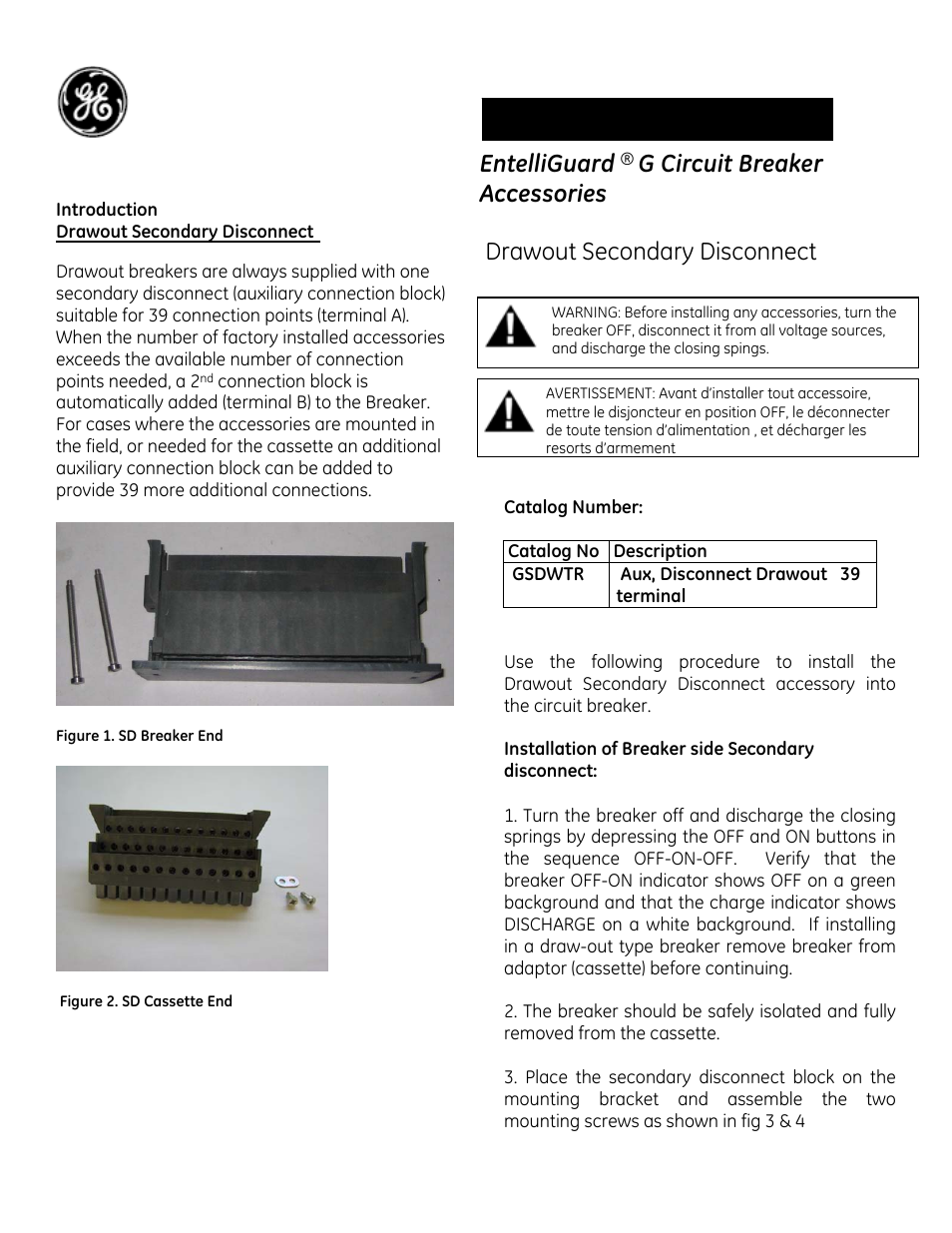 GE Industrial Solutions EntelliGuard G Drawout Secondary Disconnect User Manual | 4 pages