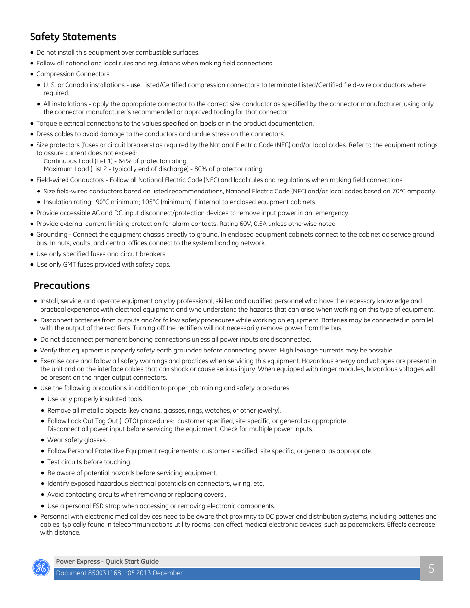 Safety statements, Precautions | GE Industrial Solutions Power Express Class 2 User Manual | Page 5 / 8