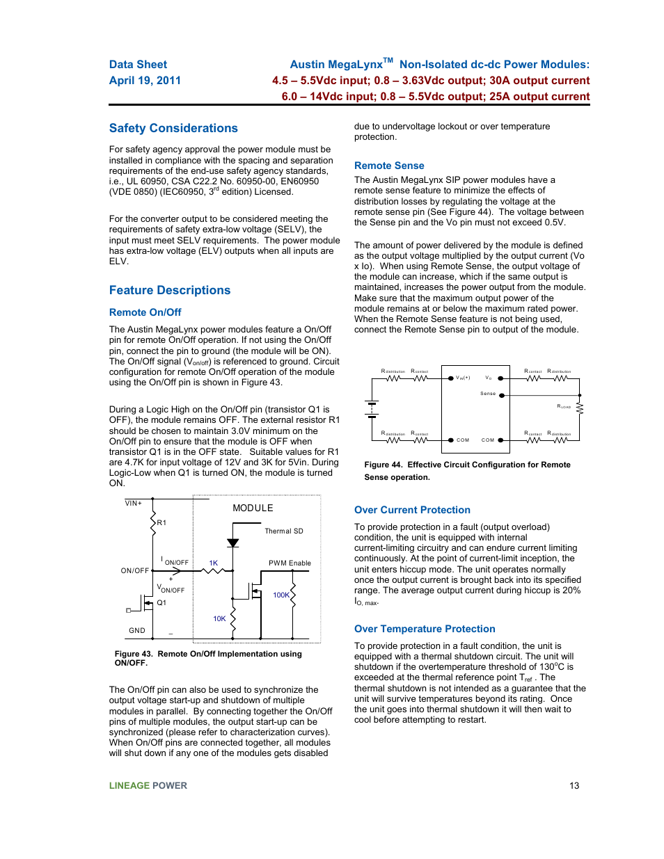 Safety considerations, Feature descriptions, Remote on/off | Remote sense, Over current protection, Over temperature protection | GE Industrial Solutions Austin MegaLynx User Manual | Page 13 / 20
