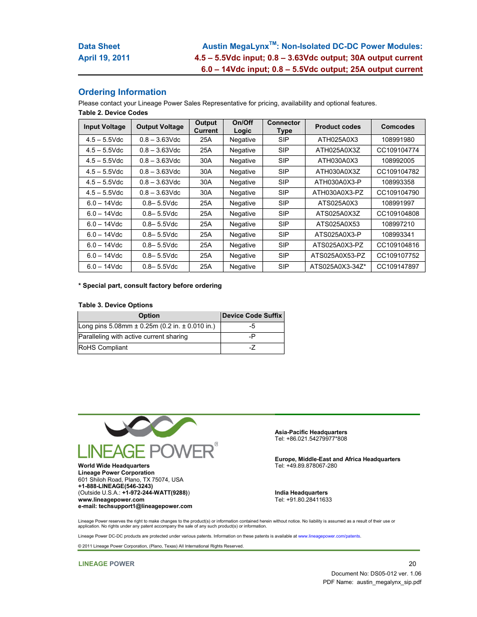 Ordering information | GE Industrial Solutions Austin MegaLynx User Manual | Page 20 / 20