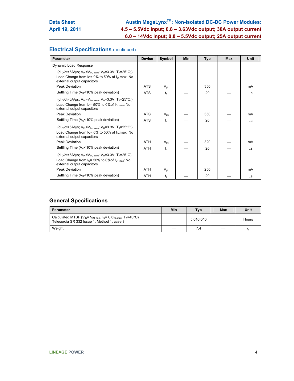 Electrical specifications, General specifications, Continued) | GE Industrial Solutions Austin MegaLynx User Manual | Page 4 / 20