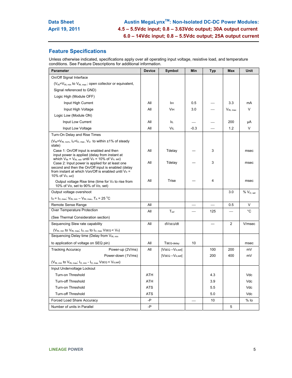 Feature specifications | GE Industrial Solutions Austin MegaLynx User Manual | Page 5 / 20