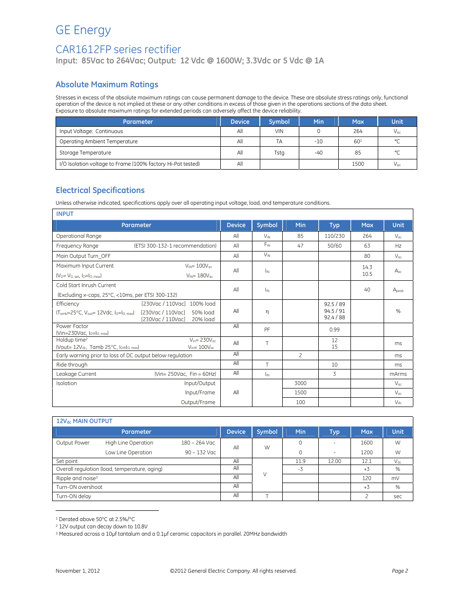 Ge energy, Car1612fp series rectifier, Absolute maximum ratings | Electrical specifications | GE Industrial Solutions CAR1612FP series User Manual | Page 2 / 7