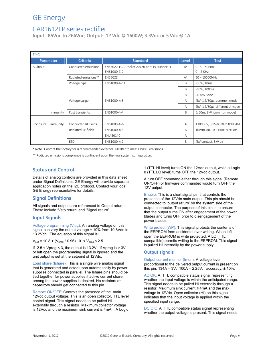 Ge energy, Car1612fp series rectifier, Status and control | Signal definitions, Input signals, Output signals | GE Industrial Solutions CAR1612FP series User Manual | Page 4 / 7
