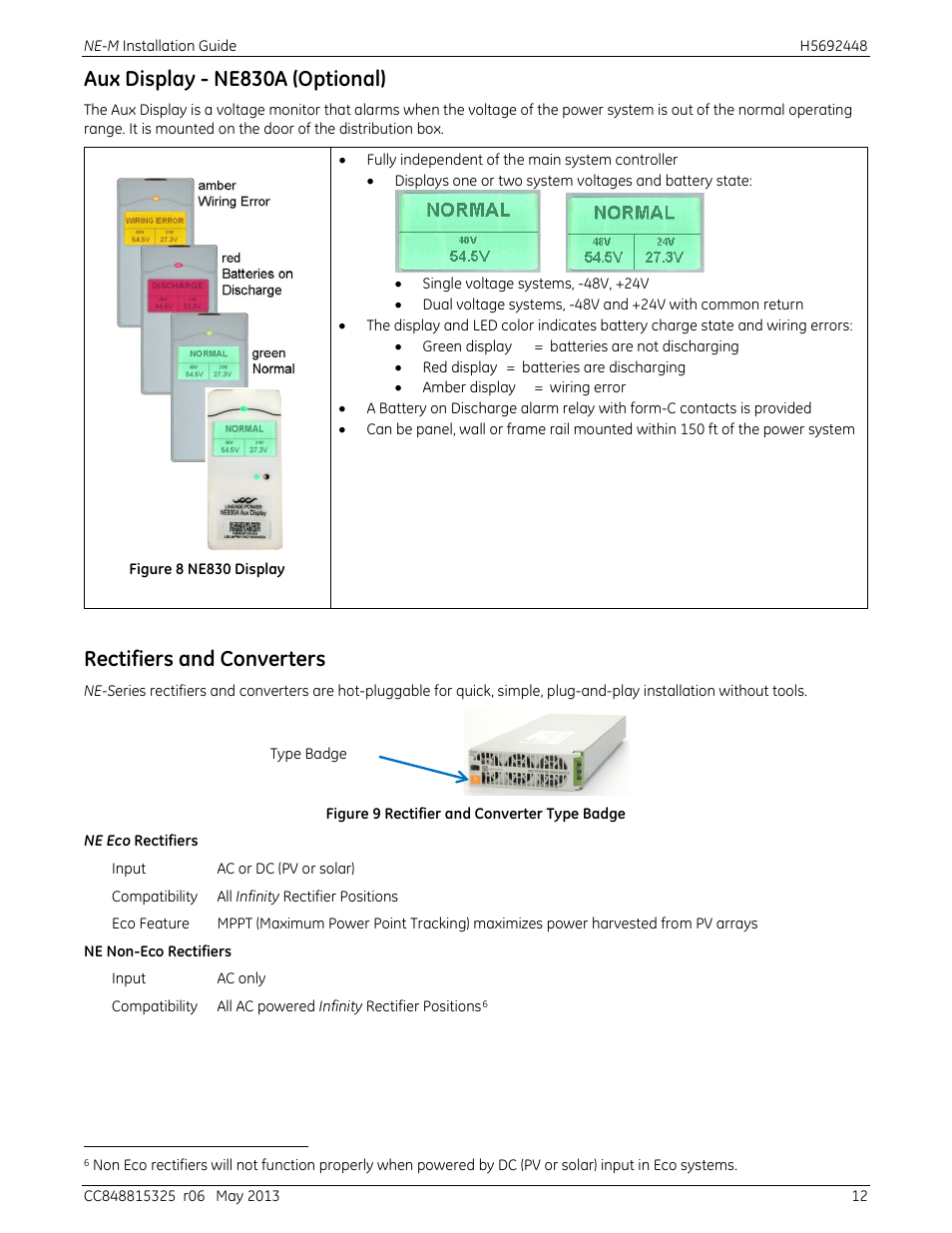 Figure 8 ne830 display, Figure 9 rectifier and converter type badge, Aux display - ne830a (optional) | Rectifiers and converters | GE Industrial Solutions H5692448 Power Systems Infinity M1 (NE-M) User Manual | Page 12 / 76