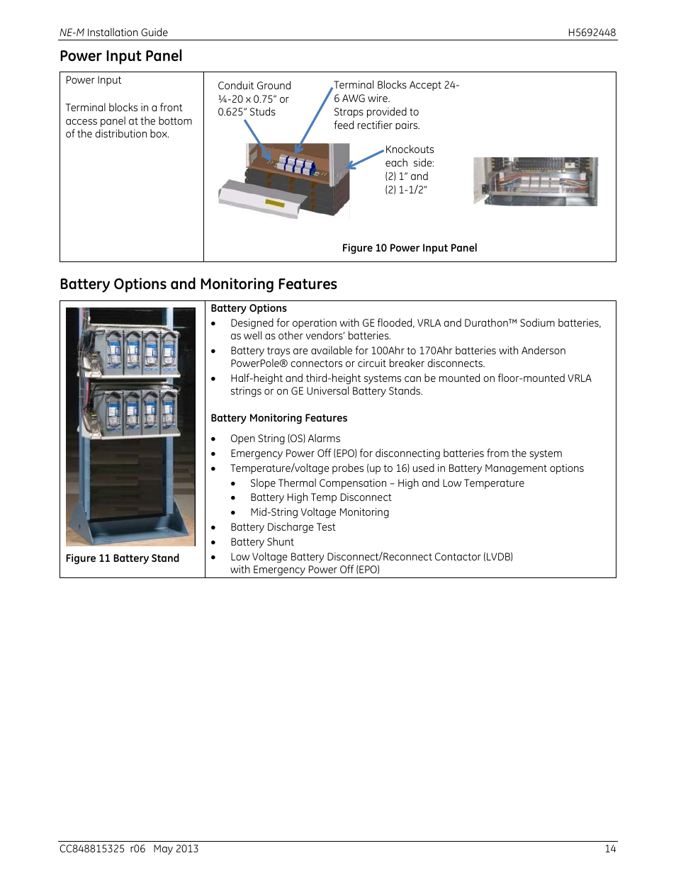 Figure 10 power input panel, Figure 11 battery stand, Power input panel | Battery options and monitoring features | GE Industrial Solutions H5692448 Power Systems Infinity M1 (NE-M) User Manual | Page 14 / 76