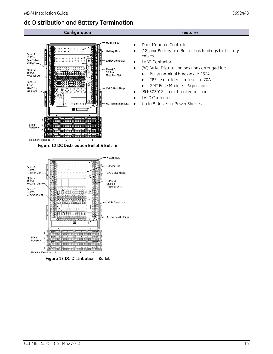 Figure 12 dc distribution bullet & bolt-in, Figure 13 dc distribution - bullet, Dc distribution and battery termination | GE Industrial Solutions H5692448 Power Systems Infinity M1 (NE-M) User Manual | Page 15 / 76